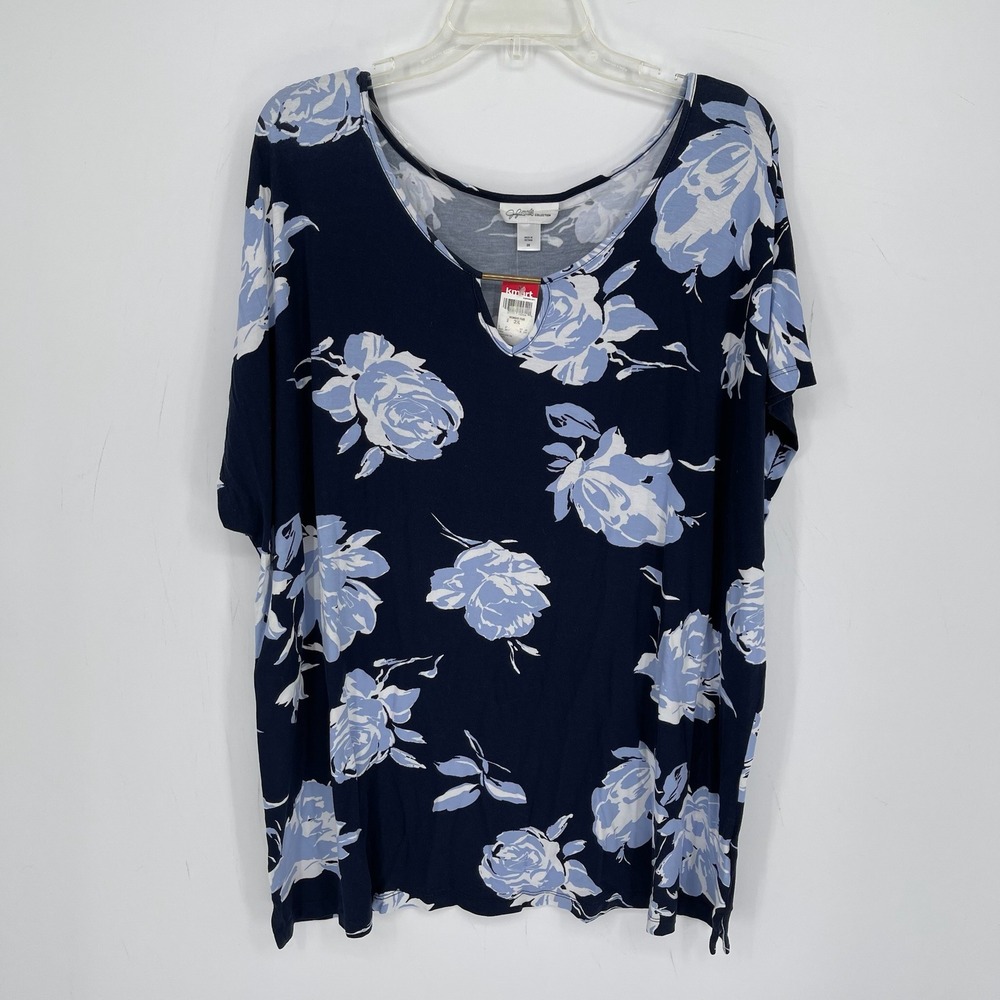 Jaclyn Smith NWT Women's Blue Floral Keyhole Hardware Spring Tee Plus Size 2X